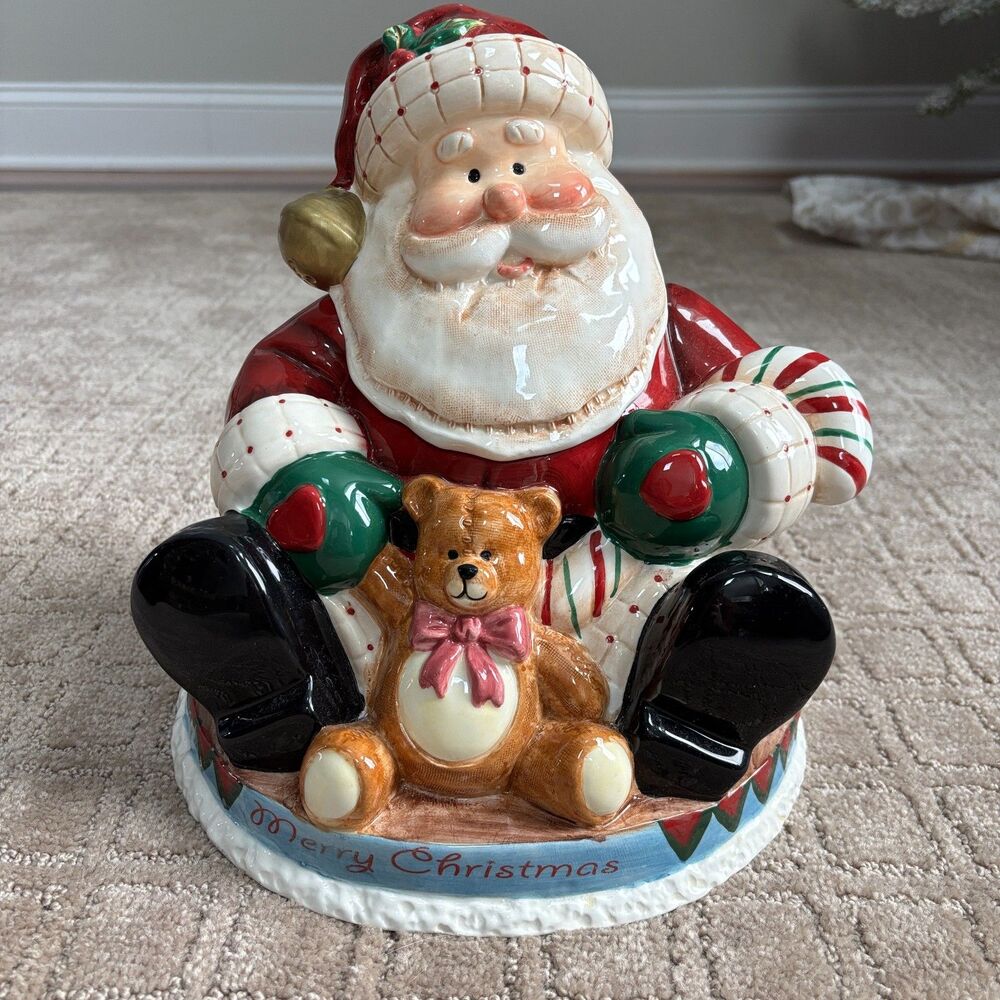 Fitz And Floyd Santa Christmas Cookie Jar Teddy Bear Candy Cane Presents Ceramic